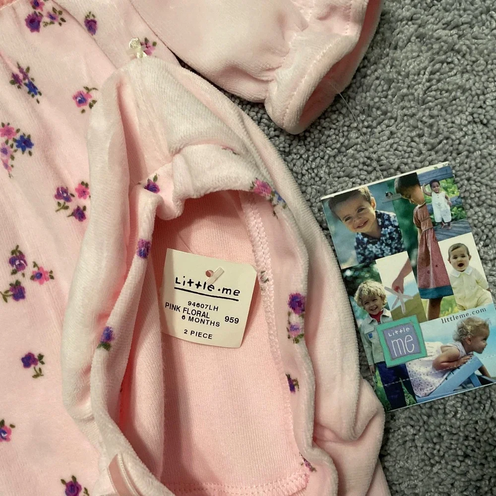 Vintage Little Me Baby Girl Pink Velour Footed Sleeper and Hat Set 6 Months
